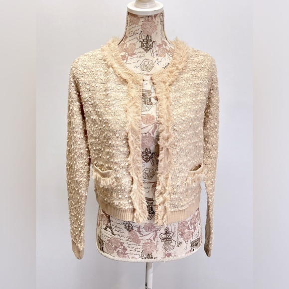 INTERNATIONAL CONCEPTS Cream fringe pearl like detail cardigan sweater size S - Picture 1 of 13